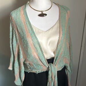 Black Bead Women’s Tie Front Striped Knit Kimono Inspired Cardigan Shrug Sweater